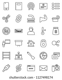 thin line vector icon set - fetlock vector, spatula, spices, thermometer, copybook, blackboard, certificate, scissors, credit card, presentation board, weight, muscule hand, target, no fastfood
