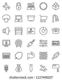 thin line vector icon set - shower vector, mushroom, book, notebook pc, certificate, leaf, pie graph, money bag, presentation board, tie, monitor dollar, muscule hand, target, calendar, cereals