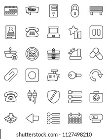 thin line vector icon set - university vector, notebook pc, personal information, calendar, pills, no fastfood, first aid kit, protected, classic phone, pause button, rec, rca, server, menu, bench