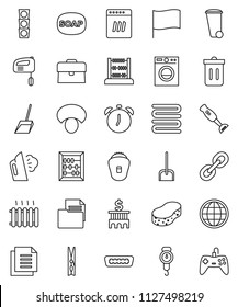 thin line vector icon set - soap vector, scoop, clothespin, sponge, trash bin, steaming, scales, towel, blender, mushroom, alarm clock, abacus, flag, case, bank building, traffic light, document