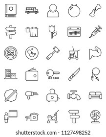 thin line vector icon set - cleaner trolley vector, water tap, splotch, drying clothes, knife, meat hammer, toaster, blackboard, school bus, wallet, jump rope, fitball, muscule hand, no fastfood