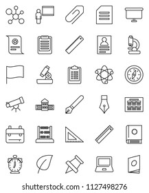 thin line vector icon set - pen vector, school building, blackboard, corner ruler, backpack, atom, telescope, microscope, notebook pc, alarm clock, schedule, clipboard, paper pin, compass, abacus