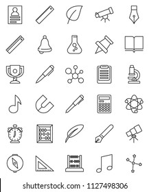 thin line vector icon set - book vector, pen, corner ruler, atom, telescope, microscope, bell, calculator, alarm clock, clipboard, paper pin, compass, award cup, magnet, abacus, music, molecule