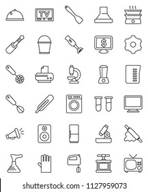 thin line vector icon set - plunger vector, bucket, rubber glove, measuring cup, cook press, whisk, skimmer, spatula, rolling pin, mixer, blender, dish, microscope, monitor dollar, tv, speaker, jack