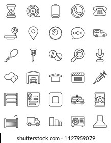 thin line vector icon set - map pin vector, delivery, car, receipt, dry cargo, sorting, oil barrel, big scales, search, shelving, cinema clap, film spool, microphone, classic phone, battery, syringe