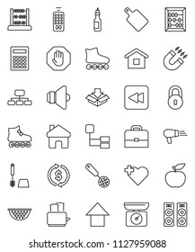 thin line vector icon set - toilet brush vector, colander, skimmer, cutting board, toaster, oil, case, calculator, magnet, abacus, exchange, arrow up, hierarchy, diet, roller Skates, heart cross