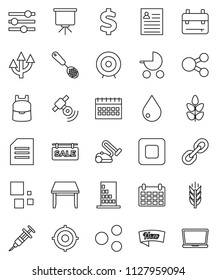 thin line vector icon set - water drop vector, skimmer, backpack, presentation, document, personal information, target, calendar, dollar sign, cereals, satellitie, link, stop button, syringe, share