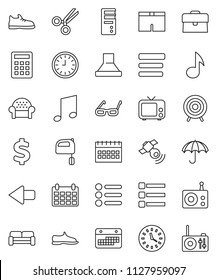 thin line vector icon set - mixer vector, glasses, music, case, clock, calendar, dollar sign, snickers, shorts, target, umbrella, radio, satellitie, tv, scissors, menu, arrow, cushioned furniture
