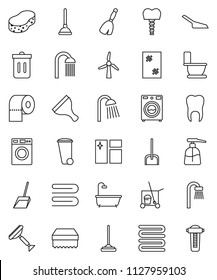 thin line vector icon set - plunger vector, scraper, cleaner trolley, broom, mop, scoop, sponge, towel, trash bin, window cleaning, toilet, washer, liquid soap, paper, shower, tooth, implant, bath
