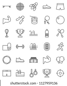 thin line vector icon set - award cup vector, barbell, stadium, jump rope, hand trainer, punching bag, fitball, muscule, snickers, boxing glove, shorts, skateboard, target, sports nutrition, pool