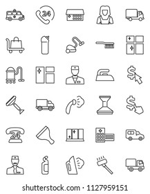 thin line vector icon set - scraper vector, vacuum cleaner, fetlock, car, window cleaning, iron, steaming, agent, shining, woman, dollar cursor, phone 24, delivery, doctor, hospital building