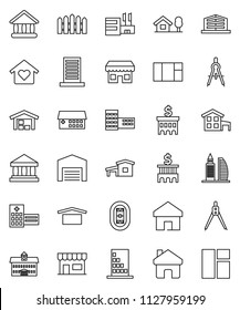 thin line vector icon set - university vector, school building, drawing compass, bank, stadium, dry cargo, hospital, home, cottage, chalet, barn, fence, office, love, store, mall, window
