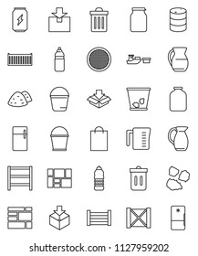 thin line vector icon set - bucket vector, trash bin, garbage pile, measuring cup, jug, sieve, jar, enegry drink, water bottle, sea container, port, wood box, consolidated cargo, package, oil barrel