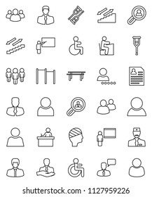 thin line vector icon set - blackboard vector, student, manager, man, personal information, horizontal bar, stairways run, client, speaking, group, disabled, crutches, head bandage, doctor, user