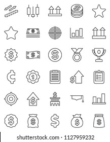 thin line vector icon set - graduate hat vector, clipboard, award cup, graph, japanese candle, money bag, dollar growth, bank building, target, medal, cent sign, stairways run, top, favorites, coin