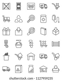 thin line vector icon set - washing powder vector, cereal, pasta, delivery, wood box, cargo, no trolley, hook, warehouse, package, search, pills bottle, drop counter, relocation truck, gift