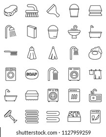 thin line vector icon set - soap vector, scraper, fetlock, bucket, sponge, towel, bath, drying clothes, washer, washing powder, shower, sink, dishwasher