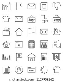 thin line vector icon set - calculator vector, flag, arrow up, dollar, document, equalizer, finger down, stop button, browser, home, loading, mail, house, buy, clothes