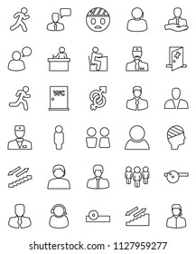 thin line vector icon set - water closet vector, student, manager, man, stairways run, support, client, speaking, doctor, gender sign, eye hat, head bandage, medical room, consumer