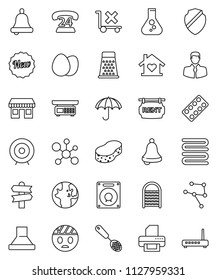 thin line vector icon set - sponge vector, washboard, towel, skimmer, grater, egg, bell, world, molecule, flask, target, signpost, office, phone 24, client, umbrella, no trolley, pills blister, new