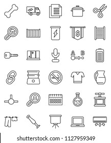 thin line vector icon set - drying clothes vector, washboard, shining window, pan, cook press, double boiler, jug, notebook pc, scissors, presentation, dollar flag, calendar, t shirt, enegry drink