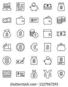 thin line vector icon set - dollar coin vector, wallet, cash, money bag, piggy bank, stack, check, receipt, shield, euro sign, yen, cashbox