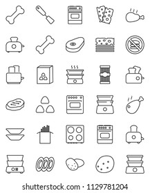 thin line vector icon set - spatula vector, toaster, oven, double boiler, plates, cereal, pasta, potato, steak, chicken leg, breads, no fastfood, bone