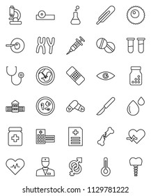 thin line vector icon set - school building vector, heart pulse, doctor, thermometer, flask, vial, eye, gender sign, pregnancy, insemination, syringe, scalpel, broken bone, patch, stethoscope, pills