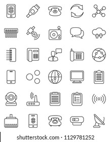 thin line vector icon set - clipboard vector, phone, radio, satellitie, internet, mobile, dialog, speaking man, classic, hdmi, network, cloud exchange, hub, router, lan connector, share, refresh