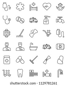 thin line vector icon set - rake vector, water tap, liquid soap, house hold, heart pulse, pills, monitor, first aid kit, no trolley, ambulance star, doctor, broken bone, stethoscope, bottle, bandage