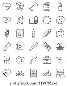 thin line vector icon set - cereal vector, egg, potato, oil, heart pulse, bike, muscule hand, buttocks, water bottle, fitness mat, cereals, breads, pool, first aid kit, bone, hoop, run, doctor bag