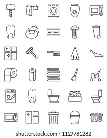 thin line vector icon set - soap vector, scraper, cleaner trolley, broom, fetlock, scoop, bucket, sponge, trash bin, window cleaning, welcome mat, toilet, drying clothes, shining, paper, towel