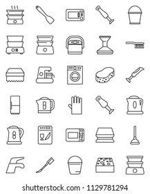 thin line vector icon set - plunger vector, water tap, fetlock, bucket, sponge, car, rubber glove, kettle, spatula, double boiler, blender, fridge, washer, dishwasher, coffee maker, multi cooker