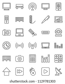 Thin Line Vector Icon Set - Pen Vector, Laptop Graph, Arrow Up, Clock, Barcode, Music Hit, Camera, Antenna, Equalizer, Notebook Pc, Play Button, Forward, Hdmi, Bench, Wireless, Calculator, Tap Pay