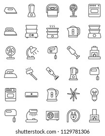 thin line vector icon set - vacuum cleaner vector, iron, kettle, mixer, double boiler, blender, table lamp, windmill, air conditioner, ari condition, power plug, multi cooker, oven, fan, bulb
