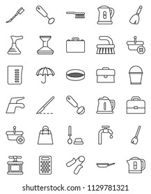thin line vector icon set - plunger vector, broom, water tap, fetlock, bucket, car, toilet brush, pan, kettle, measuring cup, cook press, whisk, ladle, grater, sieve, case, hand trainer, umbrella