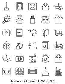 thin line vector icon set - scoop vector, washing powder, cereal, pasta, binder, safe, first aid kit, wood box, cargo, package, search, radio, mailbox, gift, cashbox, basket