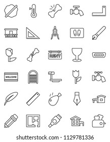 thin line vector icon set - water tap vector, splotch, welcome mat, washboard, thermometer, chicken leg, pen, pencil, corner ruler, drawing compass, glass, tulip, big scales, Railway carriage, hdmi