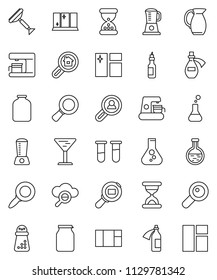 thin line vector icon set - scraper vector, window cleaning, shining, hand mill, jug, jar, oil, magnifier, flask, glass, cargo search, vial, sand clock, potion, cloud, estate, client, coffee maker