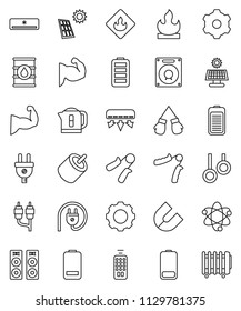 thin line vector icon set - atom vector, magnet, hand trainer, muscule, boxing glove, gymnast rings, flammable, oil barrel, remote control, battery, rca, gear, solar panel, air conditioner, speaker