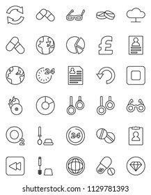 thin line vector icon set - toilet brush vector, glasses, world, personal information, pie graph, pound, pills, gymnast rings, oxygen, earth, music hit, stop button, backward, cloud network, refresh