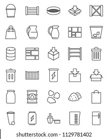 thin line vector icon set - bucket vector, trash bin, garbage pile, measuring cup, jug, sieve, jar, enegry drink, sea container, port, wood box, consolidated cargo, package, oil barrel, shelving