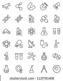 thin line vector icon set - thermometer vector, drawing compass, atom, telescope, microscope, magnet, flask, pills, molecule, oxygen, satellite, antenna, vial, dna, drop counter, ovule