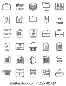 thin line vector icon set - case vector, clipboard, certificate, document, archive, exam, annual report, binder, newspaper, network folder, big data, estate, receipt, catalog, printer