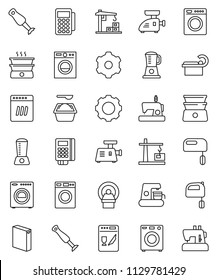 thin line vector icon set - washer vector, washing powder, mixer, double boiler, blender, tomography, gear, construction crane, card reader, dishwasher, coffee maker, meat grinder, sewing machine