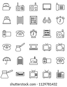 thin line vector icon set - washboard vector, kettle, turk coffee, glasses, alarm clock, abacus, phone, umbrella, film frame, radio, tv, classic, closed, video camera, sewing machine