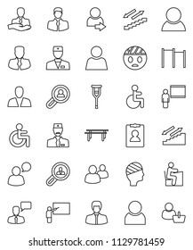 thin line vector icon set - blackboard vector, student, manager, personal information, horizontal bar, stairways run, client, speaking man, group, disabled, doctor, crutches, head bandage, user