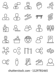 thin line vector icon set - student vector, manager, man, horizontal bar, stairways run, client, speaking, social media, group, doctor, gender sign, head bandage, medical room, share, login