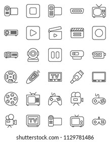 thin line vector icon set - cinema clap vector, film spool, tv, gamepad, video camera, remote control, play button, pause, stop, rec, hdmi, web, projector