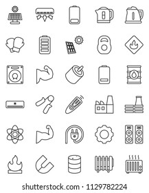 thin line vector icon set - kettle vector, atom, magnet, weight, hand trainer, muscule, boxing glove, flammable, oil barrel, remote control, battery, rca, gear, solar panel, air conditioner, factory